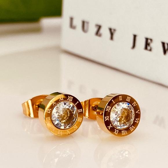 Luzy Jewelry Jewelry - 18K Gold Titanium Steel Numeral CZ Round Stud Earrings